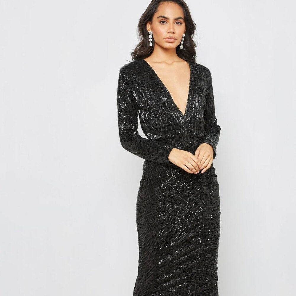Lavish Alice Sequin Embellished Midi Dress in Black